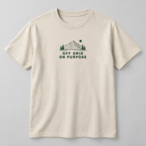 Off Grid On Purpose Tee in Oat / Forest — compact graphic concept mockup