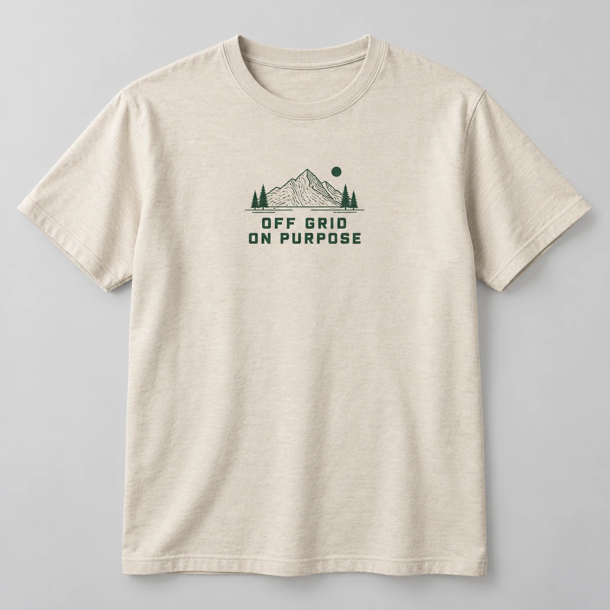 Off Grid On Purpose Tee in Oat / Forest — compact graphic concept mockup