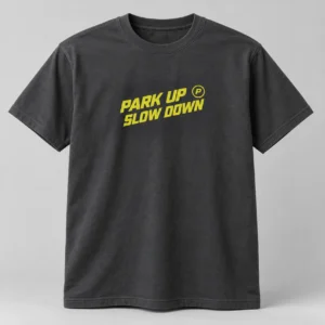 Park Up Slow Down Tee in Charcoal / Acid Yellow — compact graphic concept mockup