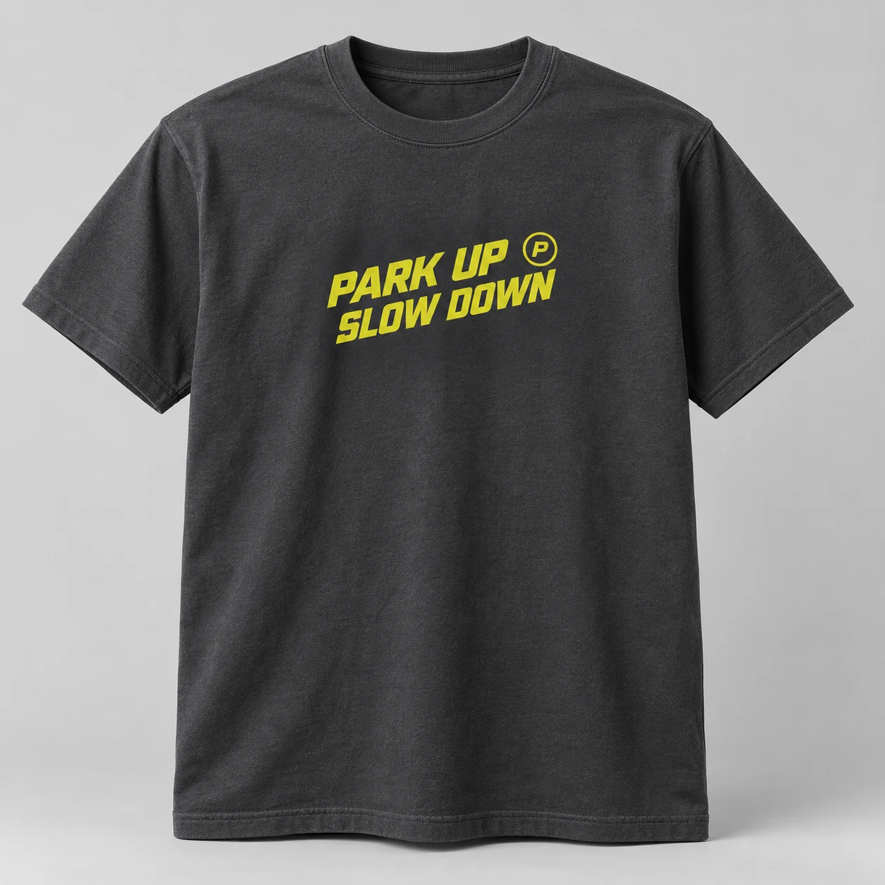 Park Up Slow Down Tee in Charcoal / Acid Yellow — compact graphic concept mockup