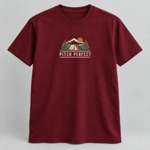 Pitch Perfect Tee in Burgundy / Cream — compact graphic concept mockup