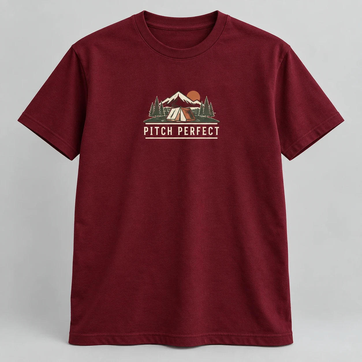 Pitch Perfect Tee in Burgundy / Cream — compact graphic concept mockup