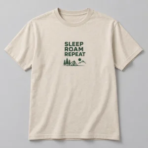 Sleep Roam Repeat Tee in Oat / Forest — compact graphic concept mockup