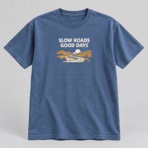 Slow Roads Good Days Tee in Faded Blue / Cream — compact graphic concept mockup