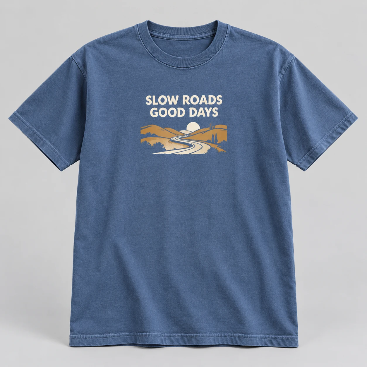 Slow Roads Good Days Tee in Faded Blue / Cream — compact graphic concept mockup
