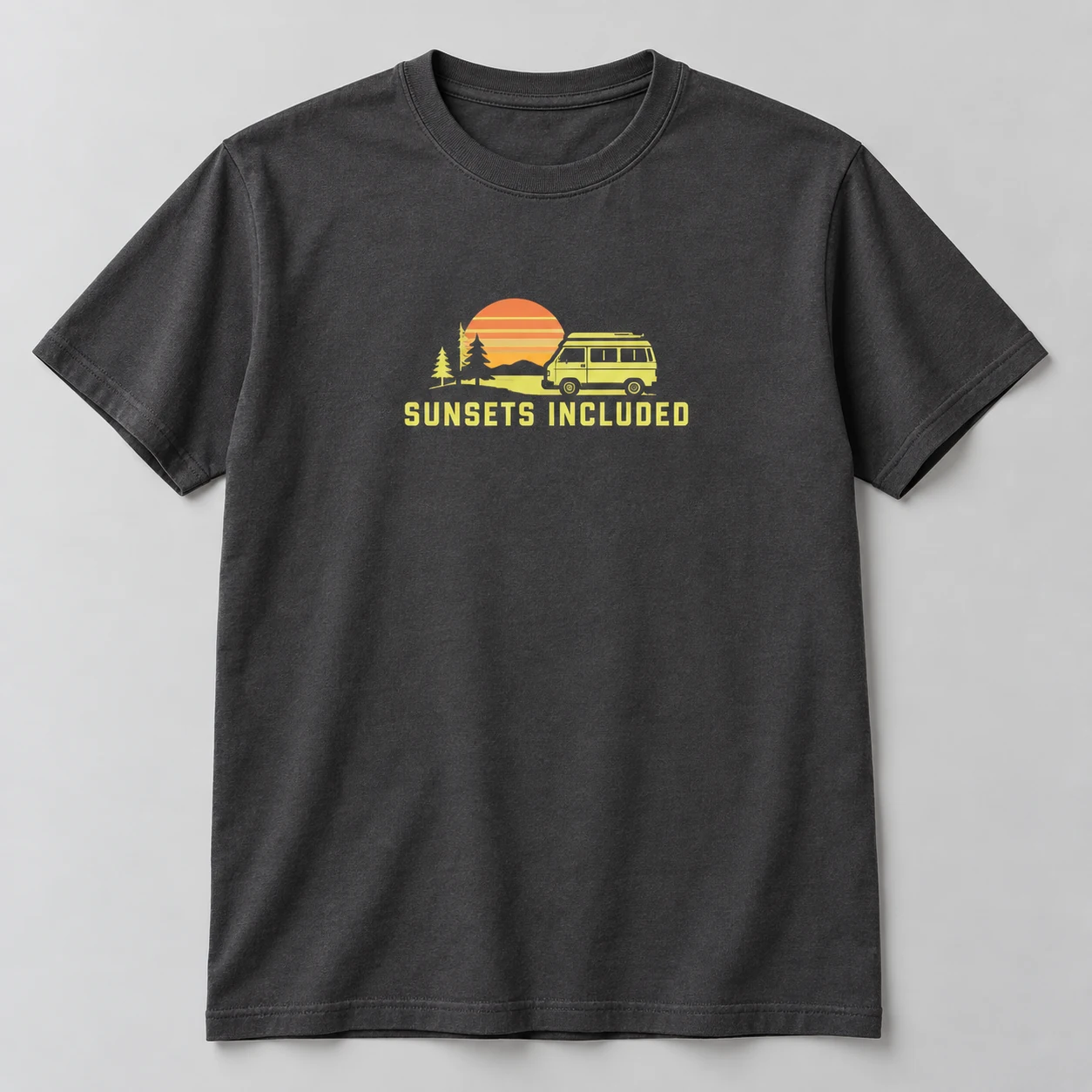 Sunsets Included Tee in Charcoal / Acid Yellow — compact graphic concept mockup