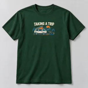 Taking A Trip — Camper Tee in Forest / Cream — compact graphic concept mockup