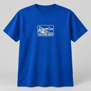 The Scenic Route Tee in Cobalt / Cream — compact graphic concept mockup