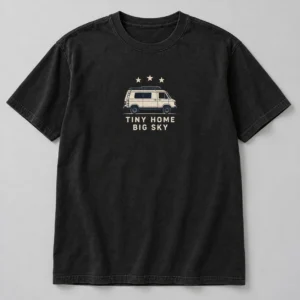Tiny Home Big Sky Tee in Washed Black / Cream — compact graphic concept mockup