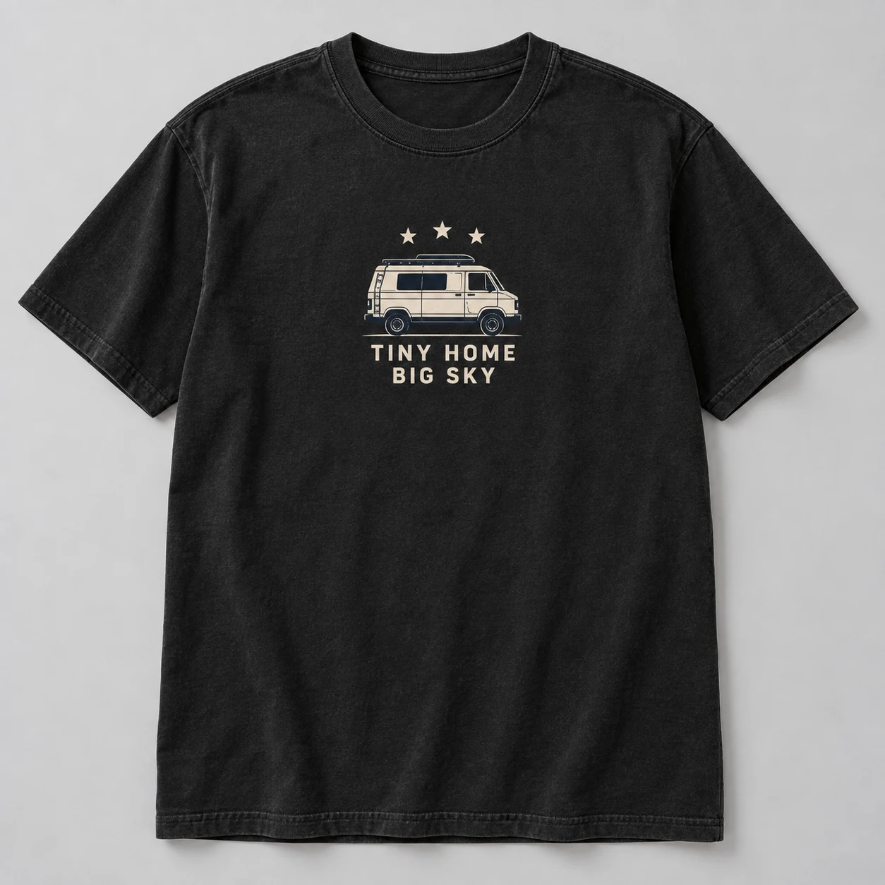 Tiny Home Big Sky Tee in Washed Black / Cream — compact graphic concept mockup