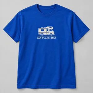 Van Plans Only Tee in Cobalt / Cream — compact graphic concept mockup
