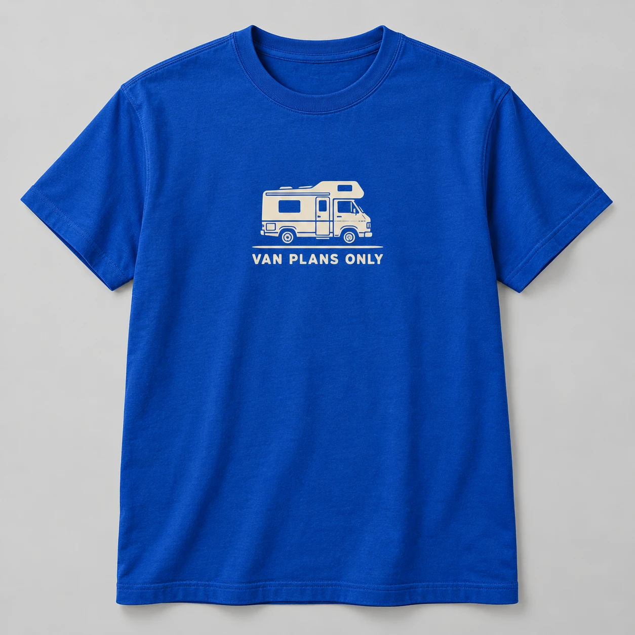 Van Plans Only Tee in Cobalt / Cream — compact graphic concept mockup