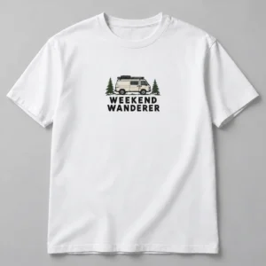 Weekend Wanderer Tee in White / Ink Black — compact graphic concept mockup