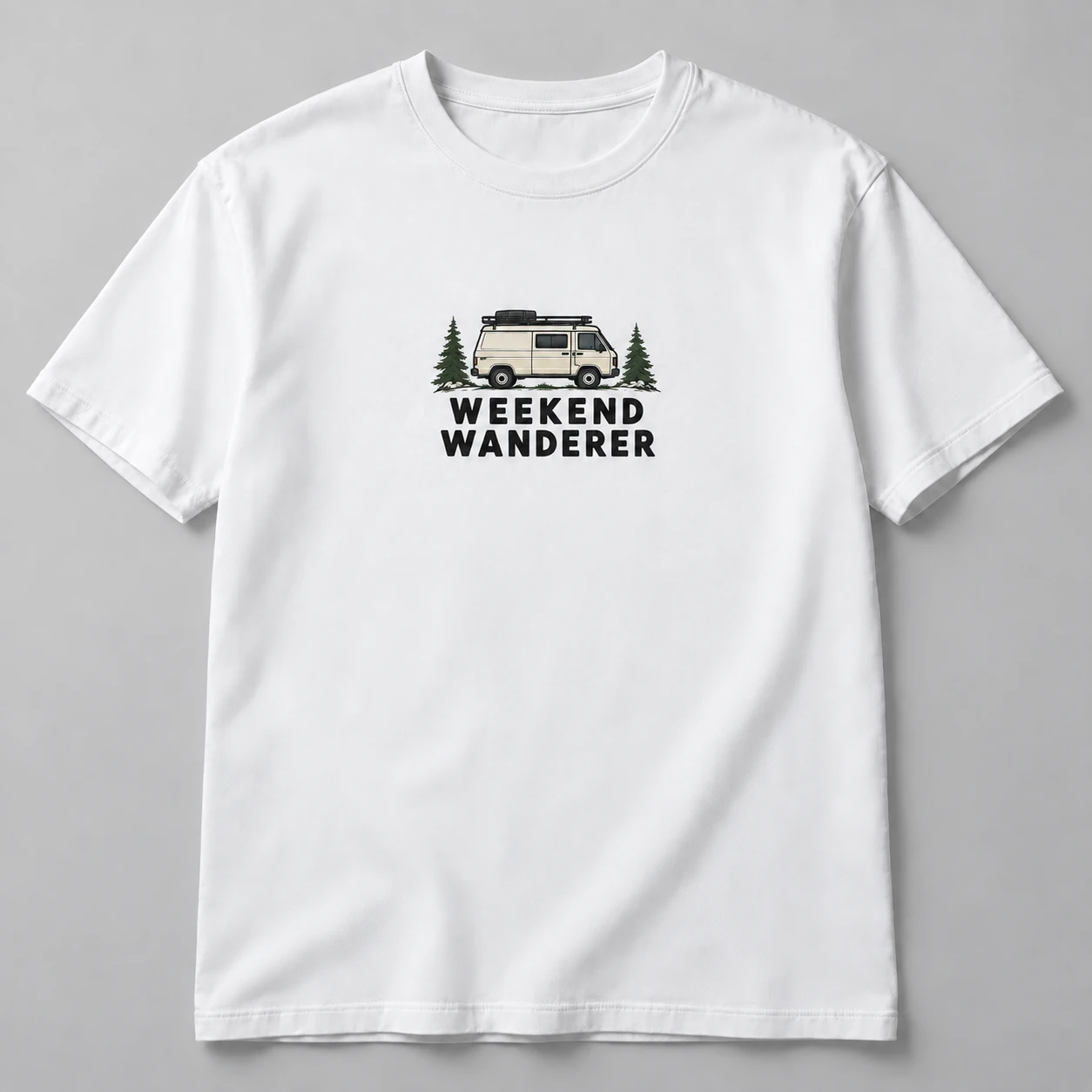 Weekend Wanderer Tee in White / Ink Black — compact graphic concept mockup