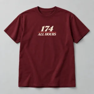 174 All Hours Tee in Burgundy / Cream — compact graphic concept mockup