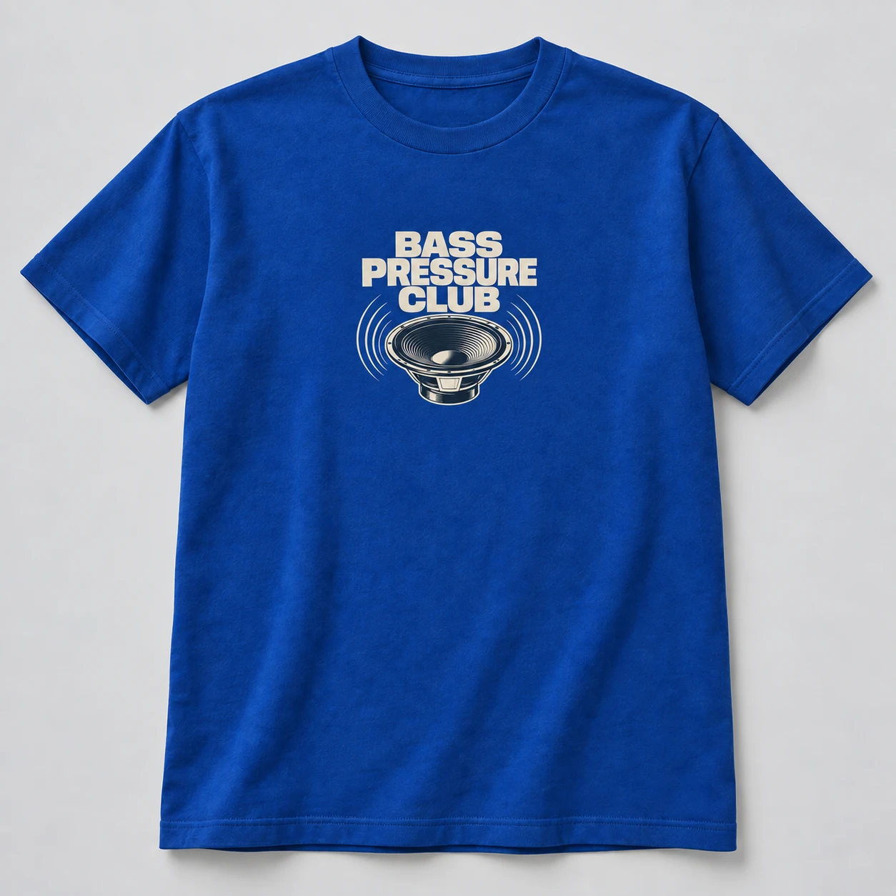 Bass Pressure Club Tee in Cobalt / Cream — compact graphic concept mockup