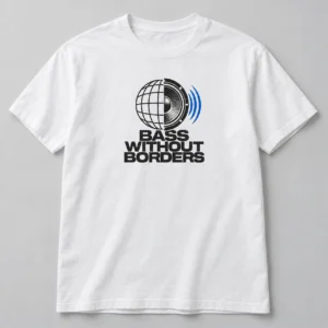 Bass Without Borders Tee in White / Ink Black — compact graphic concept mockup