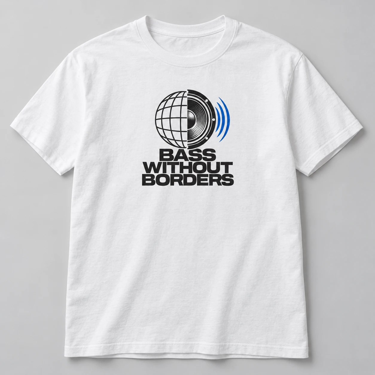 Bass Without Borders Tee in White / Ink Black — compact graphic concept mockup