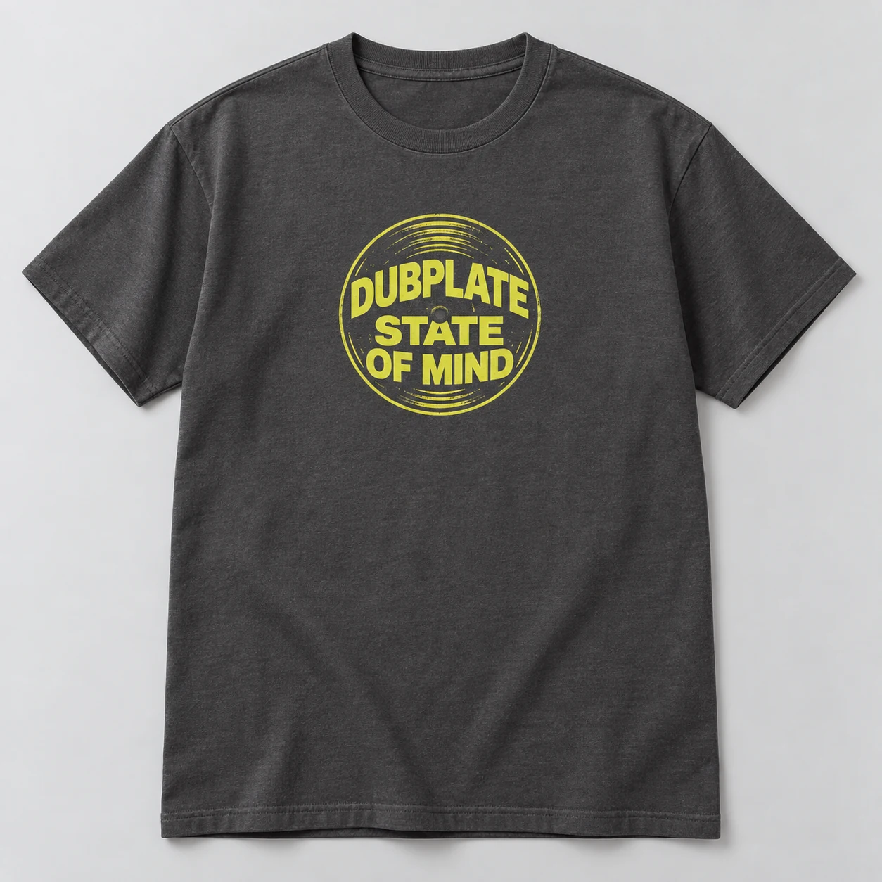 Dubplate State Of Mind Tee in Charcoal / Acid Yellow — compact graphic concept mockup