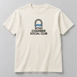 Echo Chamber Social Club Tee in Natural / Ink Black — compact graphic concept mockup