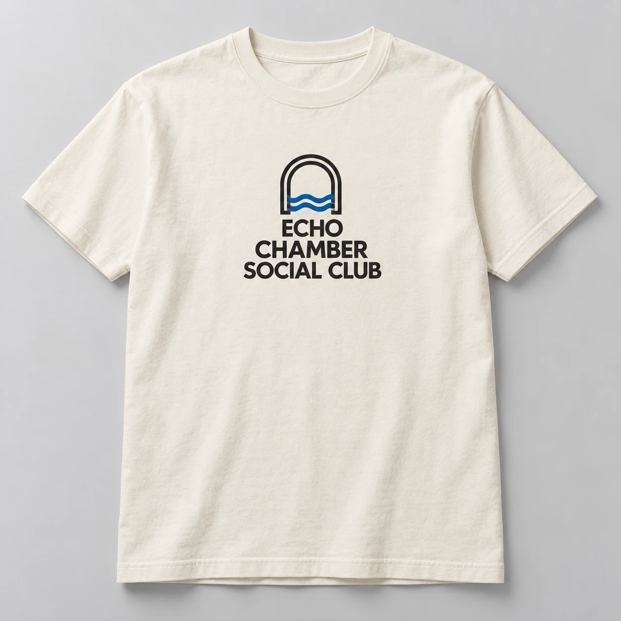 Echo Chamber Social Club Tee in Natural / Ink Black — compact graphic concept mockup