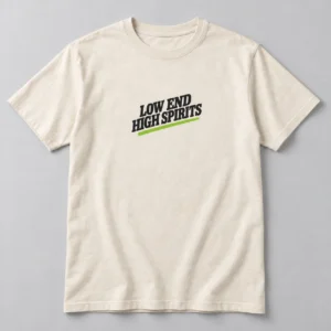 Low End High Spirits Tee in Natural / Ink Black — compact graphic concept mockup