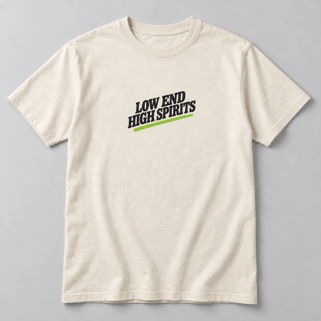 Low End High Spirits Tee in Natural / Ink Black — compact graphic concept mockup