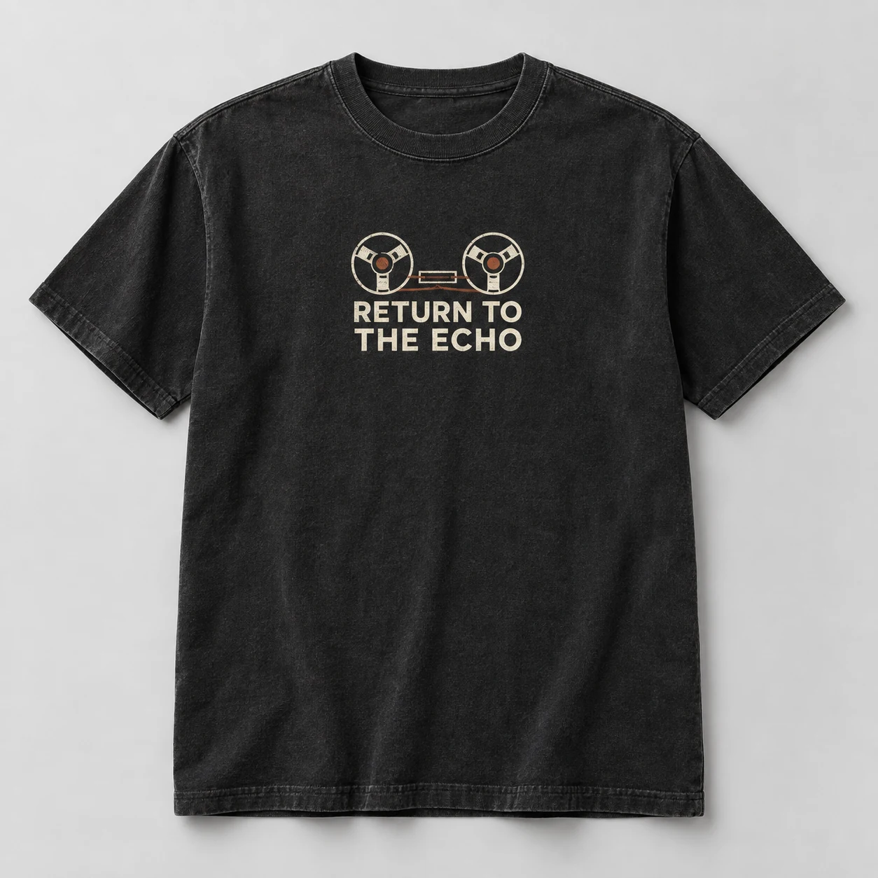 Return To The Echo Tee in Washed Black / Cream — compact graphic concept mockup