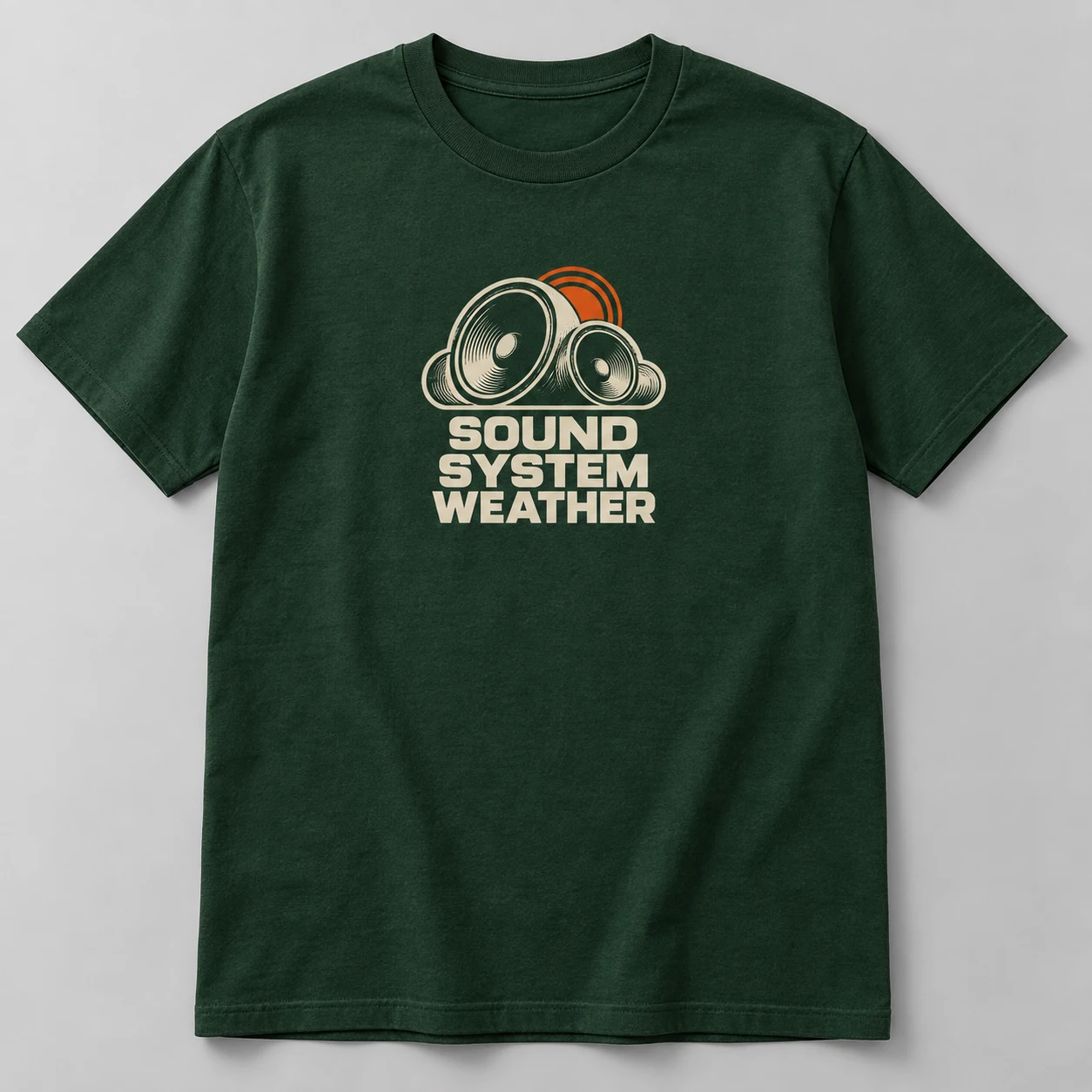 Sound System Weather Tee in Forest / Cream — compact graphic concept mockup