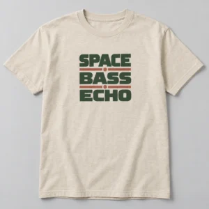Space Bass Echo Tee in Oat / Forest — compact graphic concept mockup
