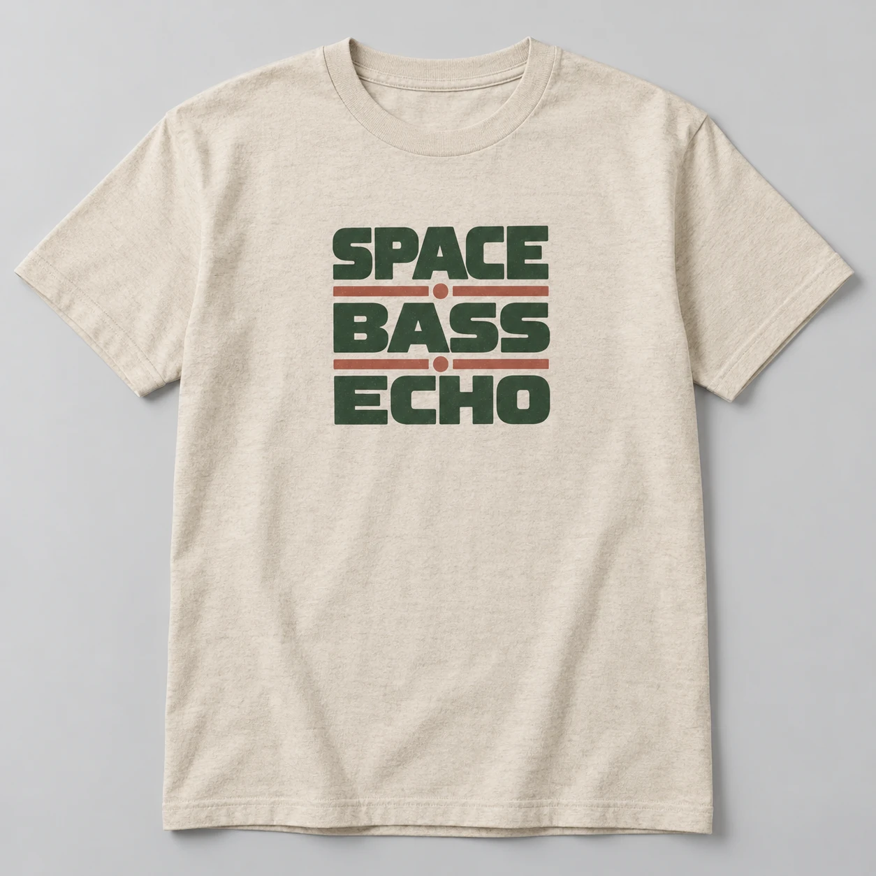 Space Bass Echo Tee in Oat / Forest — compact graphic concept mockup