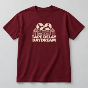 Tape Delay Daydream Tee in Burgundy / Cream — compact graphic concept mockup