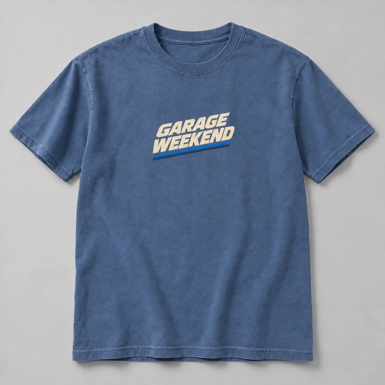 Garage Weekend Tee in Faded Blue / Cream — compact graphic concept mockup