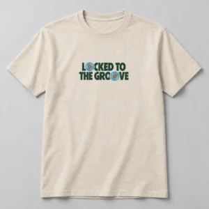 Locked To The Groove Tee in Oat / Forest — compact graphic concept mockup