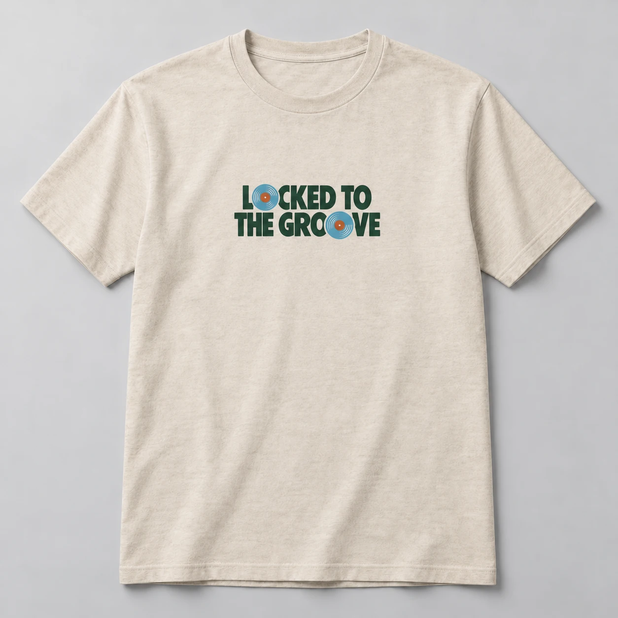 Locked To The Groove Tee in Oat / Forest — compact graphic concept mockup