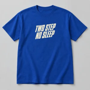 Two Step No Sleep Tee in Cobalt / Cream — compact graphic concept mockup