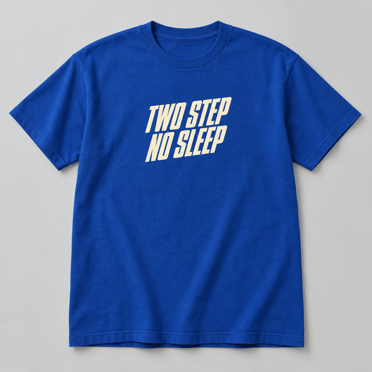 Two Step No Sleep Tee in Cobalt / Cream — compact graphic concept mockup