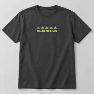 Follow The Hi-Hats Tee in Charcoal / Acid Yellow — compact graphic concept mockup