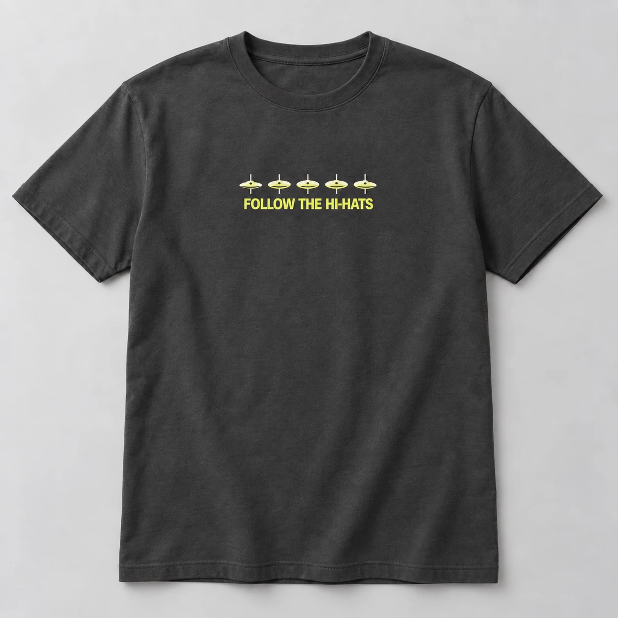 Follow The Hi-Hats Tee in Charcoal / Acid Yellow — compact graphic concept mockup