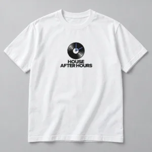 House After Hours Tee in White / Ink Black — compact graphic concept mockup