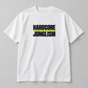 Hardcore Junglism Tee in White / Ink Black — compact graphic concept mockup