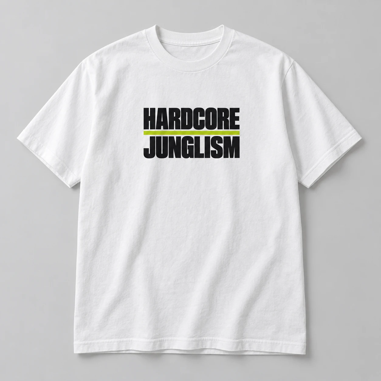 Hardcore Junglism Tee in White / Ink Black — compact graphic concept mockup