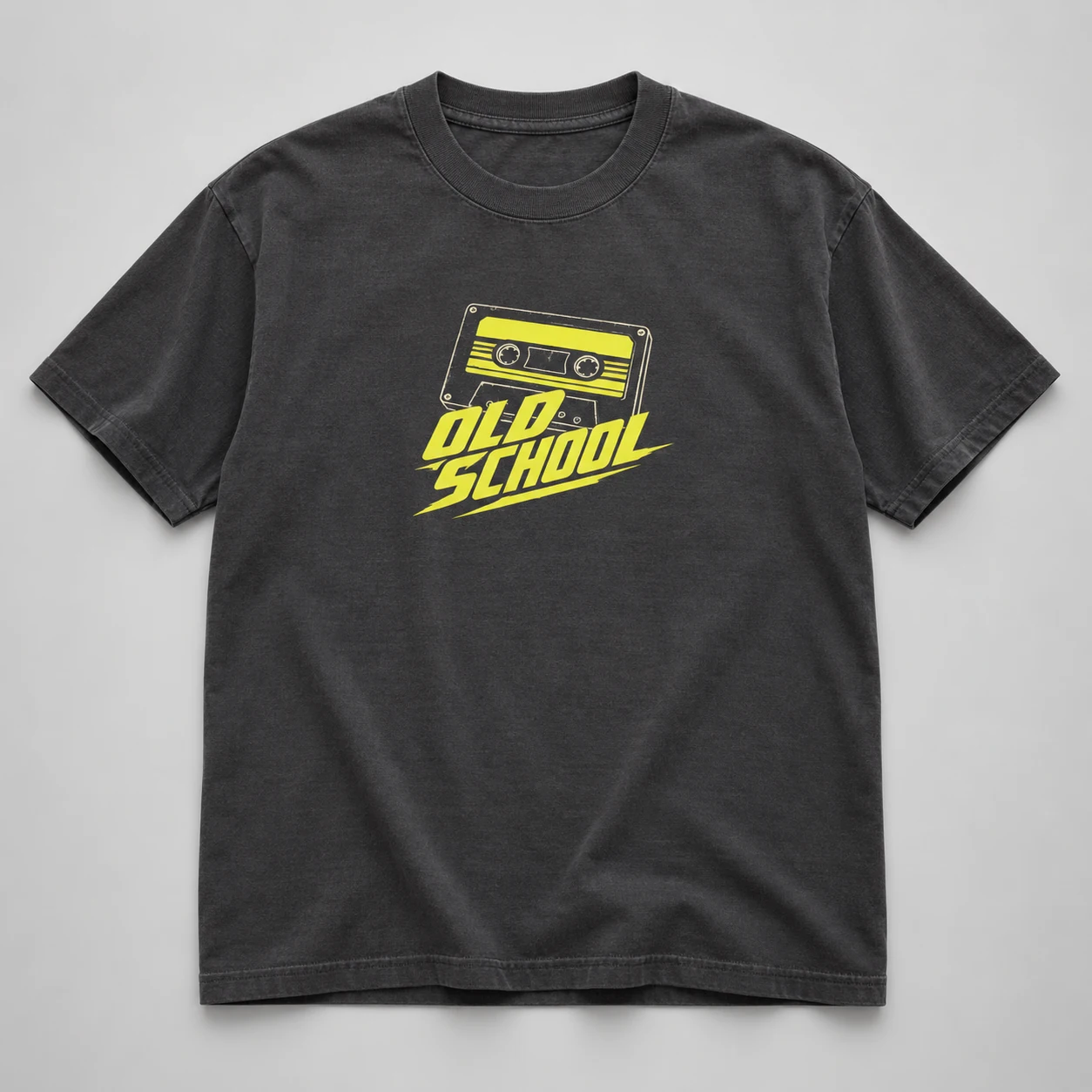 Old School Tee in Charcoal / Acid Yellow — compact graphic concept mockup