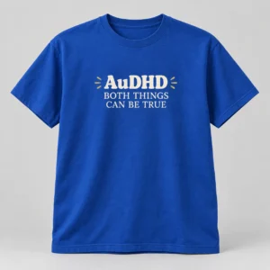 AuDHD Both Things Can Be True Tee in Cobalt / Cream — compact graphic concept mockup