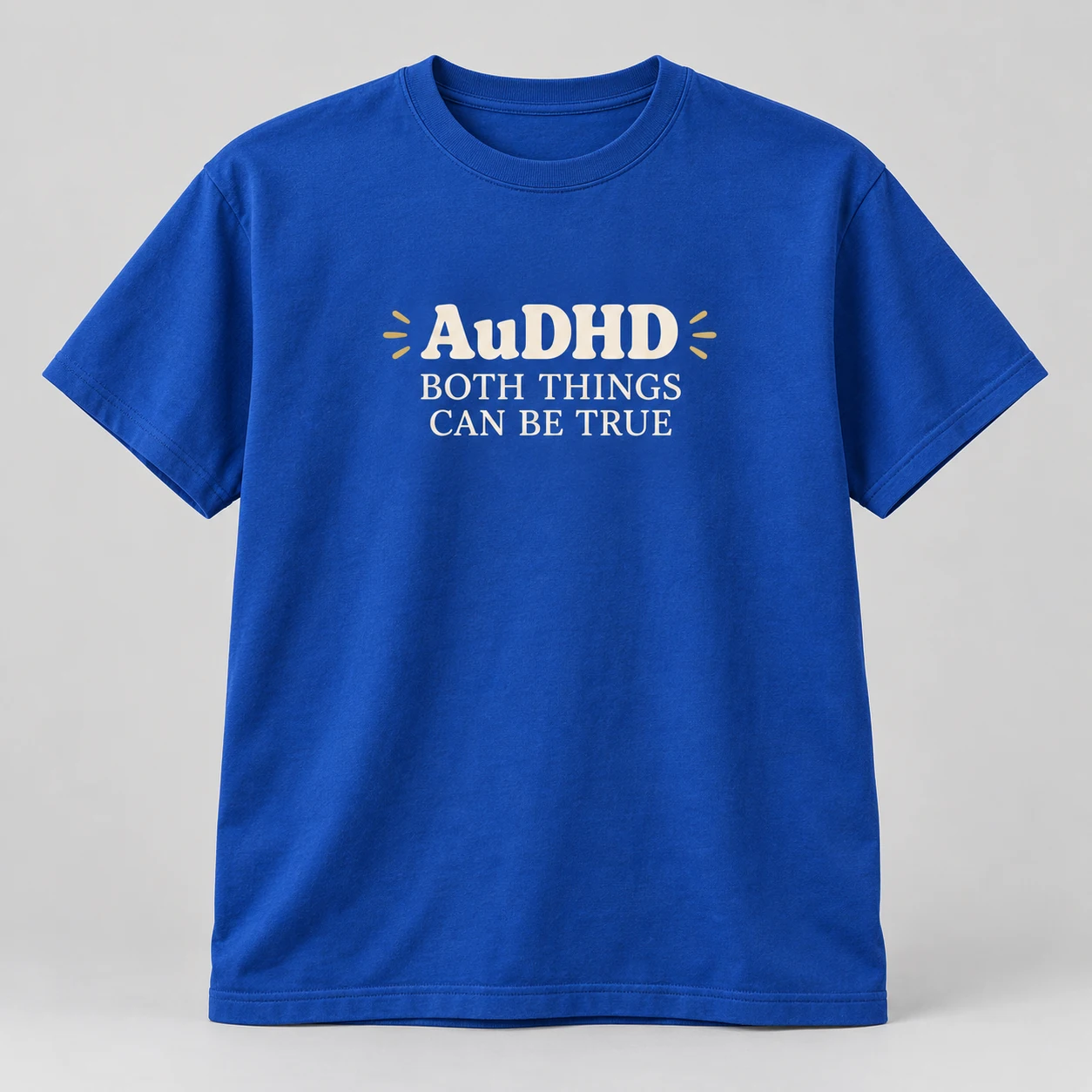 AuDHD Both Things Can Be True Tee in Cobalt / Cream — compact graphic concept mockup