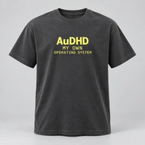 AuDHD My Own Operating System Tee in Charcoal / Acid Yellow — compact graphic concept mockup