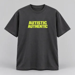 Autistic Authentic Tee in Charcoal / Acid Yellow — compact graphic concept mockup