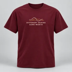 Different Wiring Same Worth Tee in Burgundy / Cream — compact graphic concept mockup