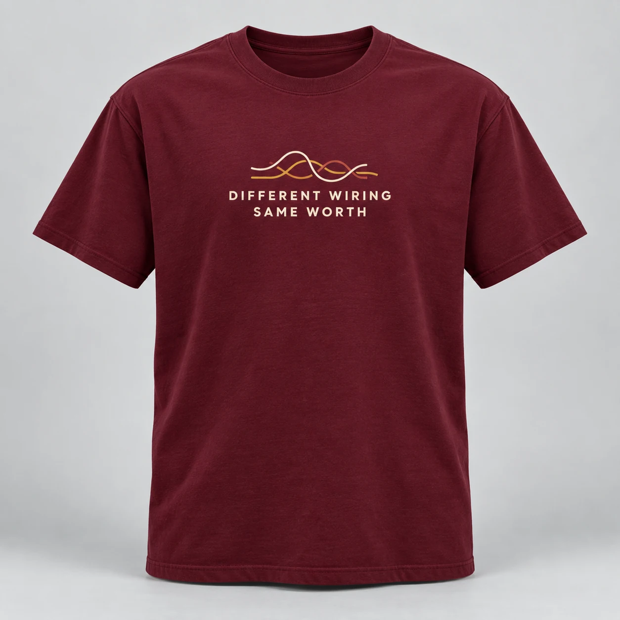 Different Wiring Same Worth Tee in Burgundy / Cream — compact graphic concept mockup