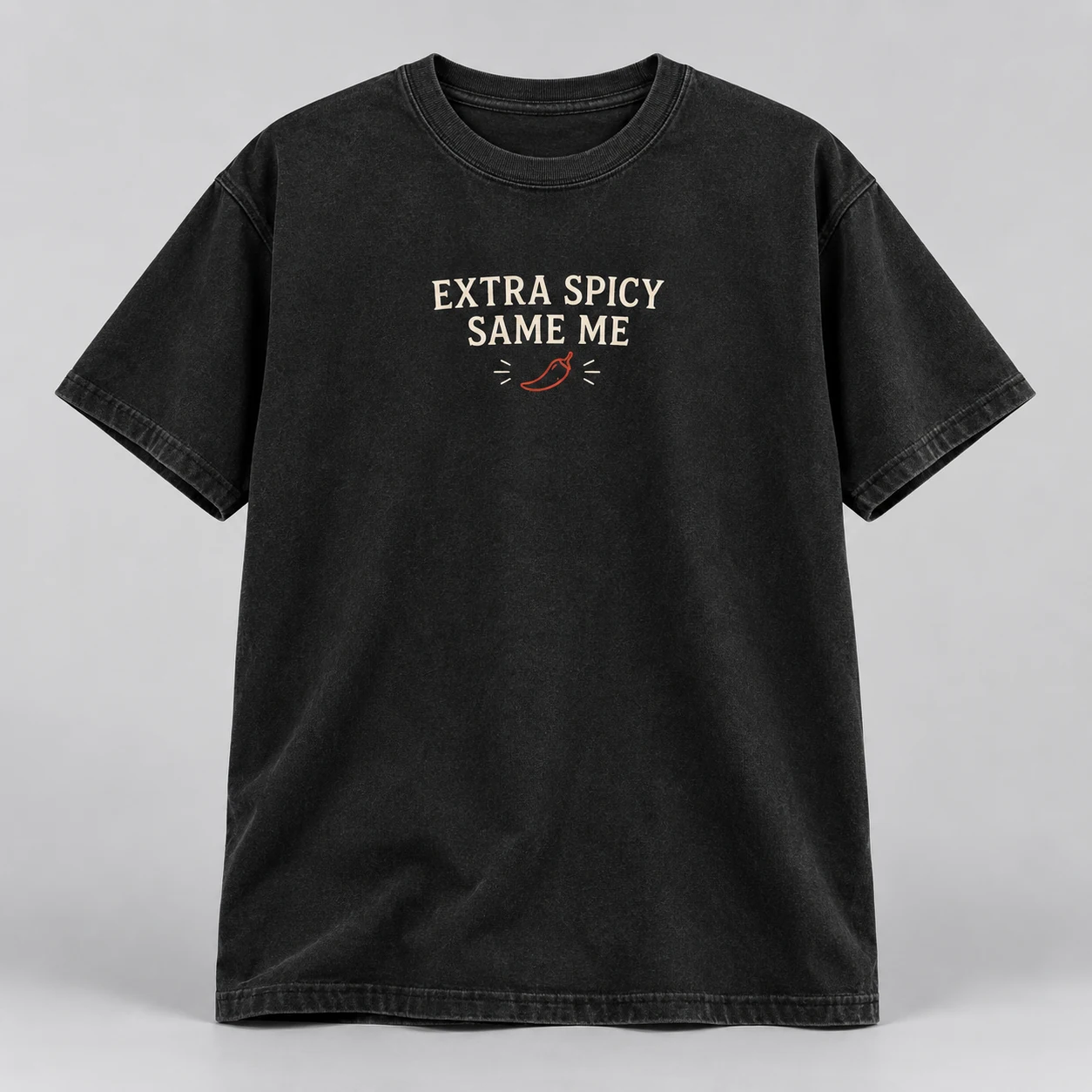 Extra Spicy Same Me Tee in Washed Black / Cream — compact graphic concept mockup